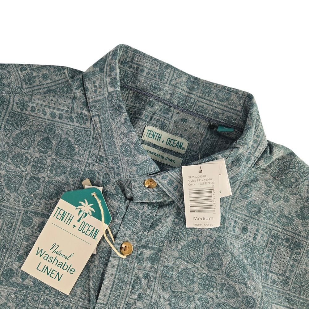 Tenth + Ocean F112X4040 Mens Medium‎ Stone Blue Paisley S/S Washable Linen Shirt